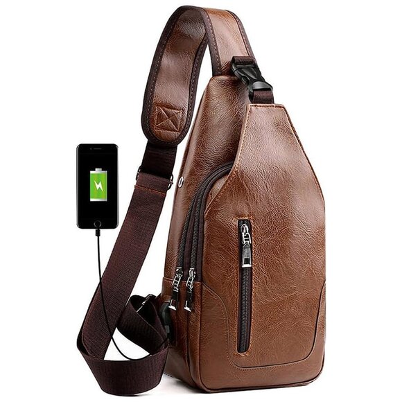 Leather Sling Bag Mens Crossbody Bag Chest Bag Sling , Verticalzipper/Light Brow